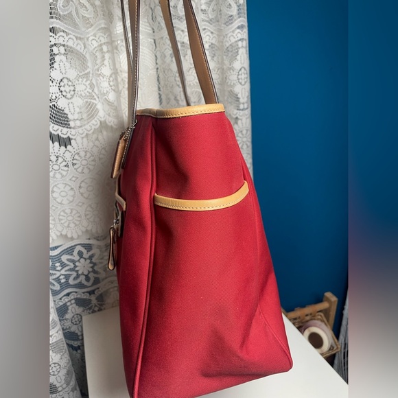 Coach Hamptons Red Canvas Vacchetta Tan Leather Trim/ Tote or Baby Tote - Picture 9 of 17